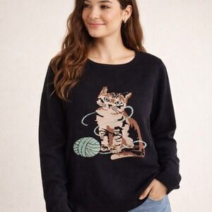 ASTROLOGIE Cat Sweater Womens M Black Knit Kitty Graphic Novelty Pullover
